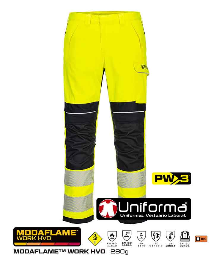 Pantalón de trabajo Amarillo de Alta Visibilidad reflectante Ignífugo resistente a la llama, con protecciones de color negro, multinorma, para entornos de trabajo de riesgo múltiple, atmósferas ATEX, anti estático, resistente a la soldadura, resistente a productos químicos, personalizable con logo de empresa en uniforma  - PFR406