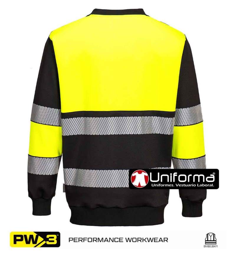 Sudadera de trabajo reflectante de Alta Visibilidad Amarilla y negro, de cuello redondo, con puños elásticos, y bandas reflectantes EN ISO 20471 Clase 1, personalizable con logo de empresa en Uniforma - PPW376