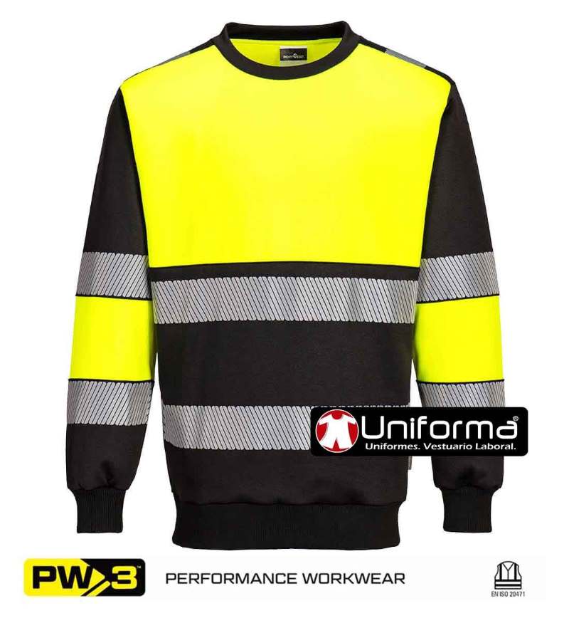 Sudadera de trabajo reflectante de Alta Visibilidad Amarilla y negro, de cuello redondo, con puños elásticos, y bandas reflectantes EN ISO 20471 Clase 1, personalizable con logo de empresa en Uniforma - PPW376