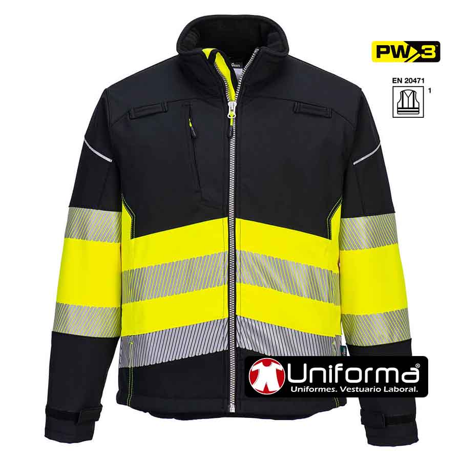 Chaqueta de trabajo tipo Sofshell de alta visibilidad combinada con negro, cremallera central, bandas reflectantes, personalizable con logo de empresa en uniforma - PPW375