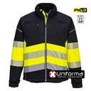 Chaqueta de trabajo tipo Sofshell de alta visibilidad combinada con negro, cremallera central, bandas reflectantes, personalizable con logo de empresa en uniforma - PPW375