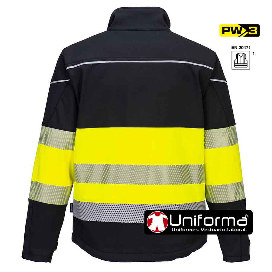 Chaqueta de trabajo tipo Sofshell de alta visibilidad combinada con negro, cremallera central, bandas reflectantes, personalizable con logo de empresa en uniforma - PPW375