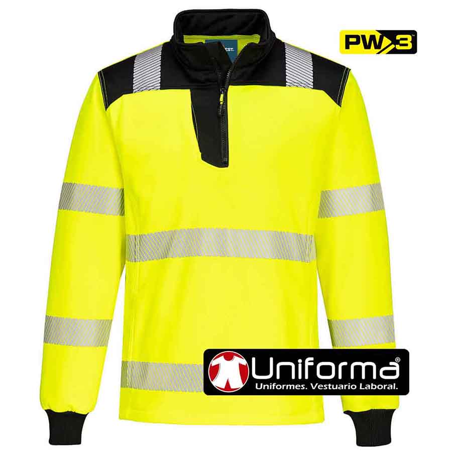 Sudadera de trabajo Amarillo reflectante de Alta Visibilidad con cierre de media Cremallera - PPW326