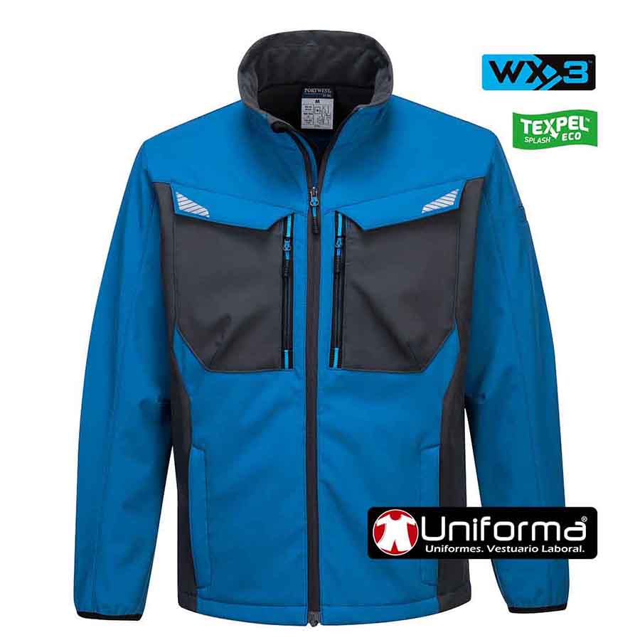 Chaqueta de trabajo azul royal tipo Softshell de alta calidad, de tres capas, acabado anti manchas, de diseño Bicolor, impermeable y transpirable, de diseño moderno y actual, personalizable con logo de empresa en uniforma - PT750