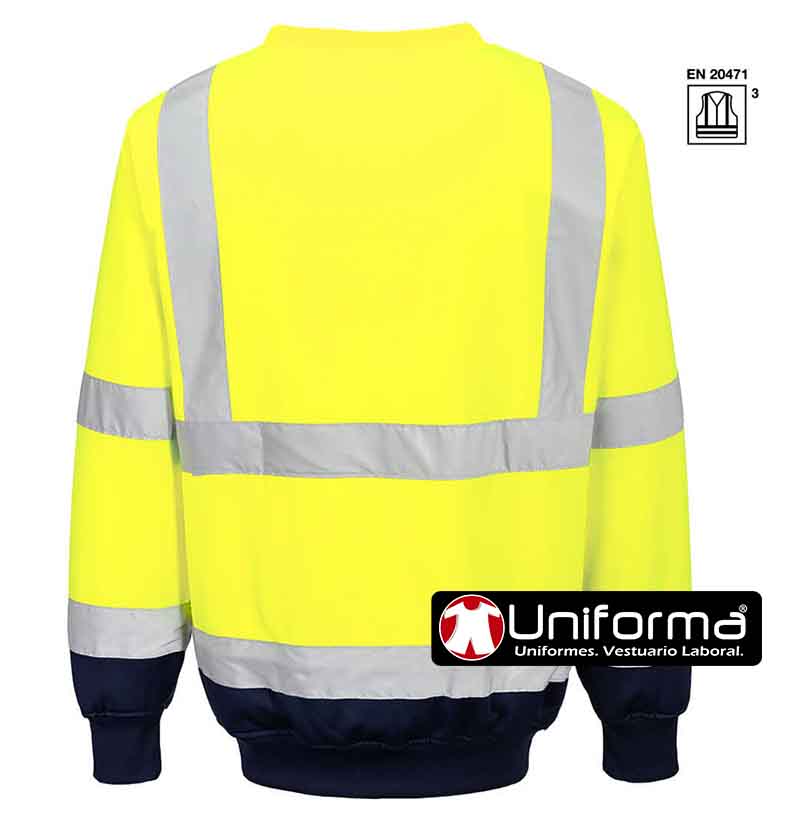 Sudadera de trabajo Amarillo reflectante de alta visibilidad con bandas reflectantes verticales y horizontales Clase 3, de diseño bicolor de cuello redondo, personalizable con logo de empresa en Uniforma