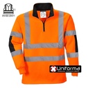 Sudadera de trabajo naranja reflectante de Alta visibilidad Clase 3 , con bandas reflectantes verticales y horizontales, cuello alto y cierre de cremallera, personalizable con logo de empresa en uniforma PB308