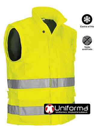 Chaleco de trabajo amarillo flúor reflectante Acolchado de Alta visibilidad EN ISO 20471 clase 1 en tejido de Sarga de 100% poliéster con tacto algodón, de cuello alto y corta vientos, personalizable con logo de empresa en Uniforma - VL2725