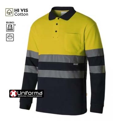 Polo reflectante de Manga Larga Bicolor Alta Visibilidad personalizable con logo de empresa en Uniforma- V305515