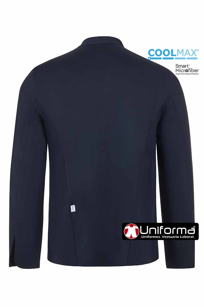 Chaqueta Cocina de color azul marino para cocineros con tejido CoolMax transpirable en la espalda, confeccionada en tejido ligero, y fresco de micro fibra, perfecta para el calor, de tacto suave, con acabado anti manchas y anti bacterias, de Manga Larga, personalizable con logo de empresa en Uniforma  - V405210
