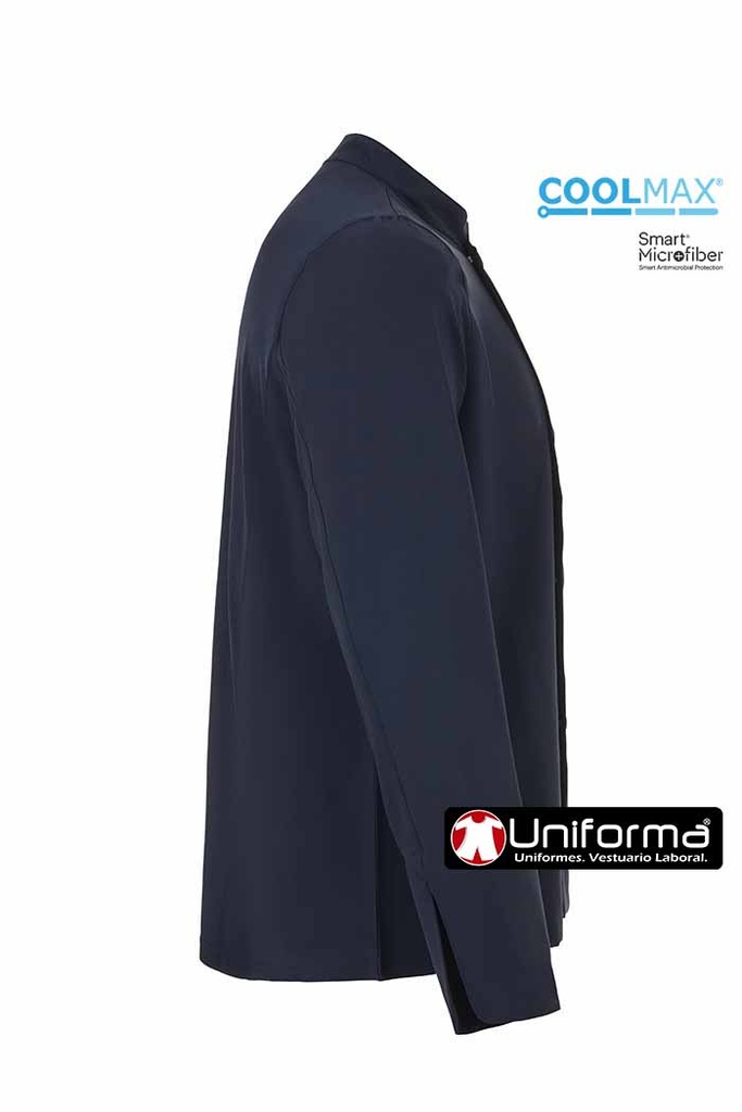 Chaqueta Cocina de color azul marino para cocineros con tejido CoolMax transpirable en la espalda, confeccionada en tejido ligero, y fresco de micro fibra, perfecta para el calor, de tacto suave, con acabado anti manchas y anti bacterias, de Manga Larga, personalizable con logo de empresa en Uniforma  - V405210