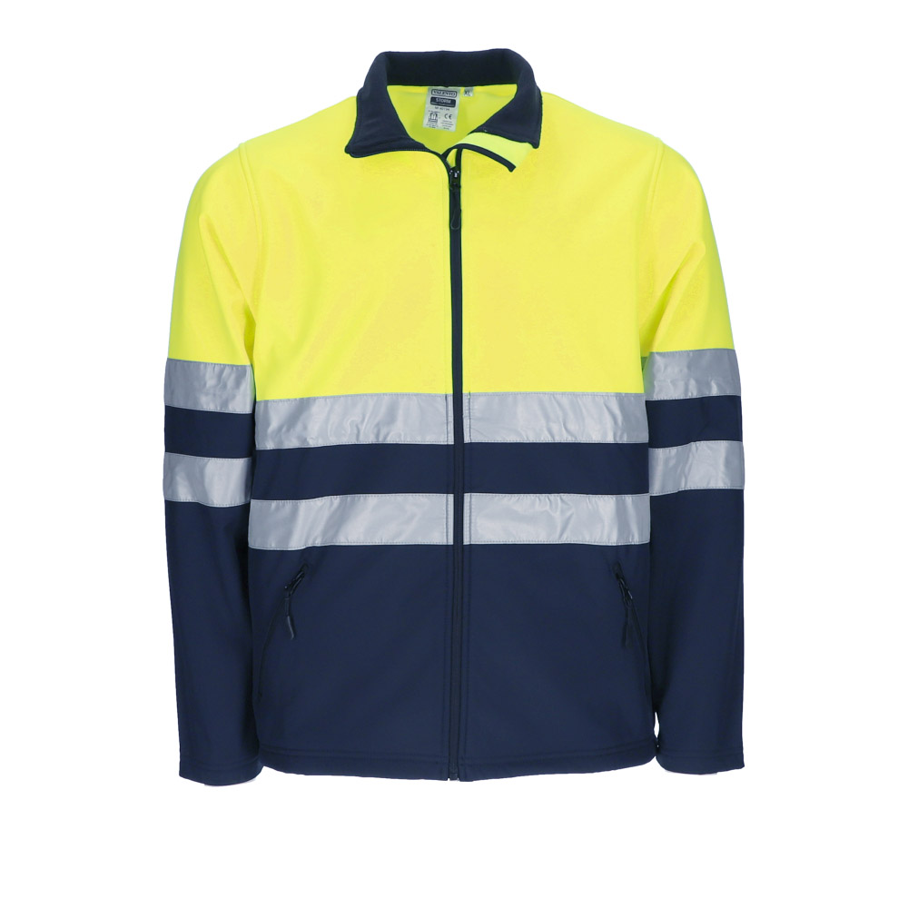 Chaqueta de trabajo tipo Softshell bicolor amarillo y Marino reflectante de Alta visibilidad EN ISO 20471 Clase 2, con cierre de cremallera central, personalizable con logo de empresa en Uniforma  - VL2733