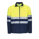 Chaqueta de trabajo tipo Softshell bicolor amarillo y Marino reflectante de Alta visibilidad EN ISO 20471 Clase 2, con cierre de cremallera central, personalizable con logo de empresa en Uniforma  - VL2733