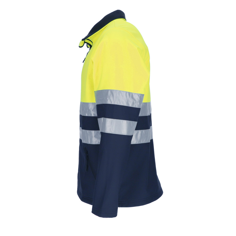 Chaqueta de trabajo tipo Softshell bicolor amarillo y Marino reflectante de Alta visibilidad EN ISO 20471 Clase 2, con cierre de cremallera central, personalizable con logo de empresa en Uniforma  - VL2733
