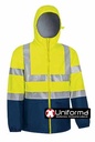 Chaqueta de trabajo de lluvia impermeable de alta visibilidad amarillo y azul, con capucha y puños elásticos reflectante según EN ISO 20471 y lluvia EN343, personalizable con logo de empresa en Uniforma  - VL2741