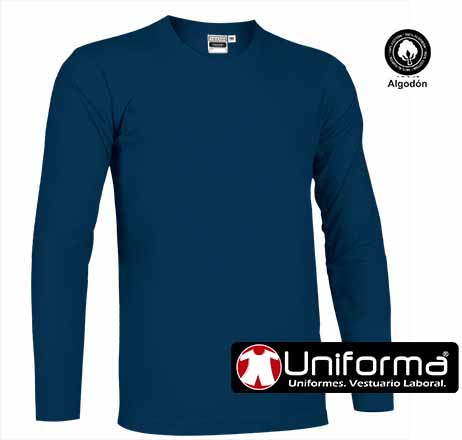Camiseta de Manga Larga de Algodón 100% de color marino, con mangas sin puños, cuello redondo elástico, personalizable con logo de empresa y bandas reflectantes e