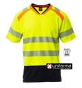 Camiseta de trabajo reflectante de alta visibilidad con cuello de pico en V, con bandas segmentadas discontinuas termoselladas, cuello con colores a contraste y detalles reflectantes, personalizable con logo de empresa en Uniforma - PY00739