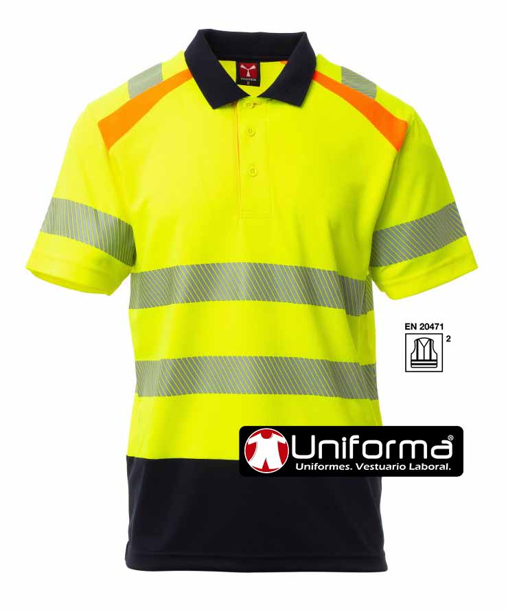 Polo de trabajo reflectante de alta visibilidad de diseño original elegante y moderno, combinado de tres colores, con bandas reflectantes discontinuas segmentadas termo selladas, en torso y mangas, con colores a contraste, personalizable con logo de empresa en Uniforma  - PY00378