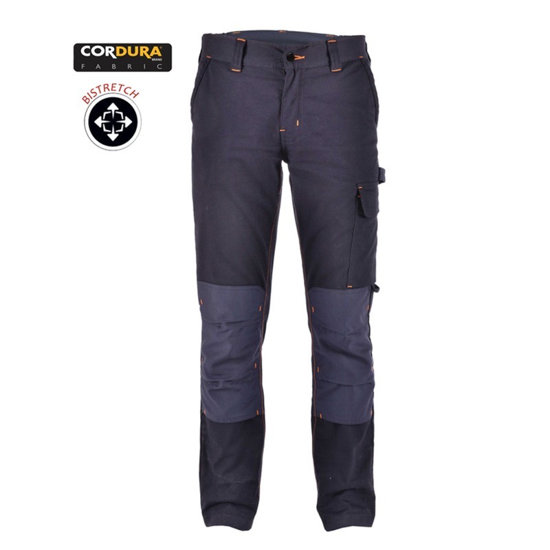 Pantalón de trabajo en tejido elástico con elastano cómodo y flexible, de diseño bicolor moderno y actual, con refuerzos de Cordura, personalizable con logo de empresa en Uniforma  - TR428