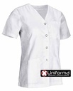 Blusón Blusa de mujer de color blanco, entallada, con cierre de botones centrales automáticos por presión, para uniforme de enfermera, sanitario, dentista, estética, empresa de servicios y limpieza, personalizables con logo de empresa en Uniforma.  - VL2841