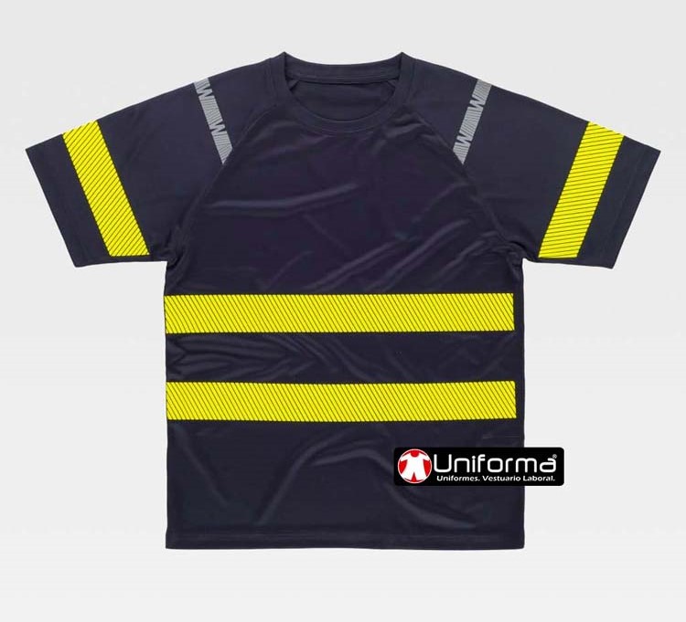 Camiseta de trabajo de color marino con Bandas reflectantes Amarillas de Alta Visibilidad Segmentadas, en pecho y mangas,  de manga corta, personalizable con logo de empresa en Uniforma  - TC3978