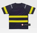 Camiseta de trabajo de color marino con Bandas reflectantes Amarillas de Alta Visibilidad Segmentadas, en pecho y mangas,  de manga corta, personalizable con logo de empresa en Uniforma  - TC3978