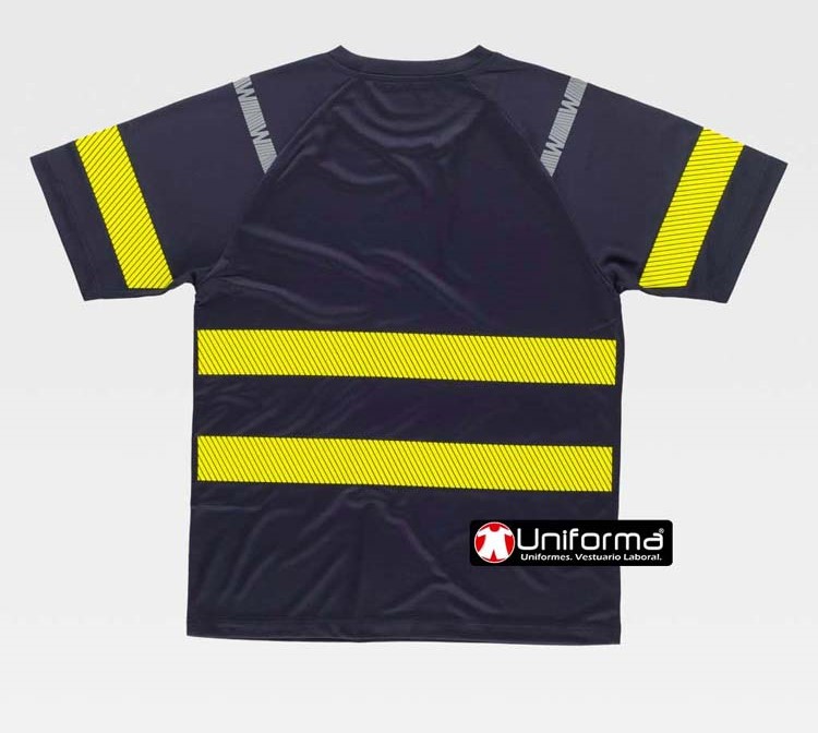 Camiseta de trabajo de color marino con Bandas reflectantes Amarillas de Alta Visibilidad Segmentadas, en pecho y mangas,  de manga corta, personalizable con logo de empresa en Uniforma  - TC3978