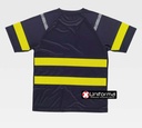 Camiseta de trabajo de color marino con Bandas reflectantes Amarillas de Alta Visibilidad Segmentadas, en pecho y mangas,  de manga corta, personalizable con logo de empresa en Uniforma  - TC3978