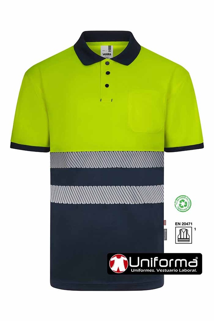 Polo de trabajo de color Marino y amarillo reflectante de alta visibilidad de diseño bicolor confeccionado con poliéster reciclado proveniente de 23 botellas de plástico, certificado EN ISO 20471 clase 1 de alta visibilidad, personalizable con logo de empresa en Uniforma