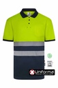 Polo de trabajo de color Marino y amarillo reflectante de alta visibilidad de diseño bicolor confeccionado con poliéster reciclado proveniente de 23 botellas de plástico, certificado EN ISO 20471 clase 1 de alta visibilidad, personalizable con logo de empresa en Uniforma