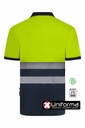 Polo de trabajo de color Marino y amarillo reflectante de alta visibilidad de diseño bicolor confeccionado con poliéster reciclado proveniente de 23 botellas de plástico, certificado EN ISO 20471 clase 1 de alta visibilidad, personalizable con logo de empresa en Uniforma
