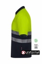 Polo de trabajo de color Marino y amarillo reflectante de alta visibilidad de diseño bicolor confeccionado con poliéster reciclado proveniente de 23 botellas de plástico, certificado EN ISO 20471 clase 1 de alta visibilidad, personalizable con logo de empresa en Uniforma