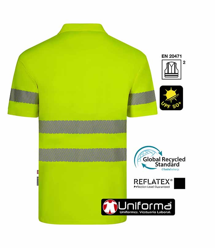 Polo de trabajo amarillo de Alta Visibilidad fabricado con Poliéster Reciclado procedente de botellas de plástico, con cintas reflectantes segmentadas, personalizable con logo de empresa en Uniforma - V305532