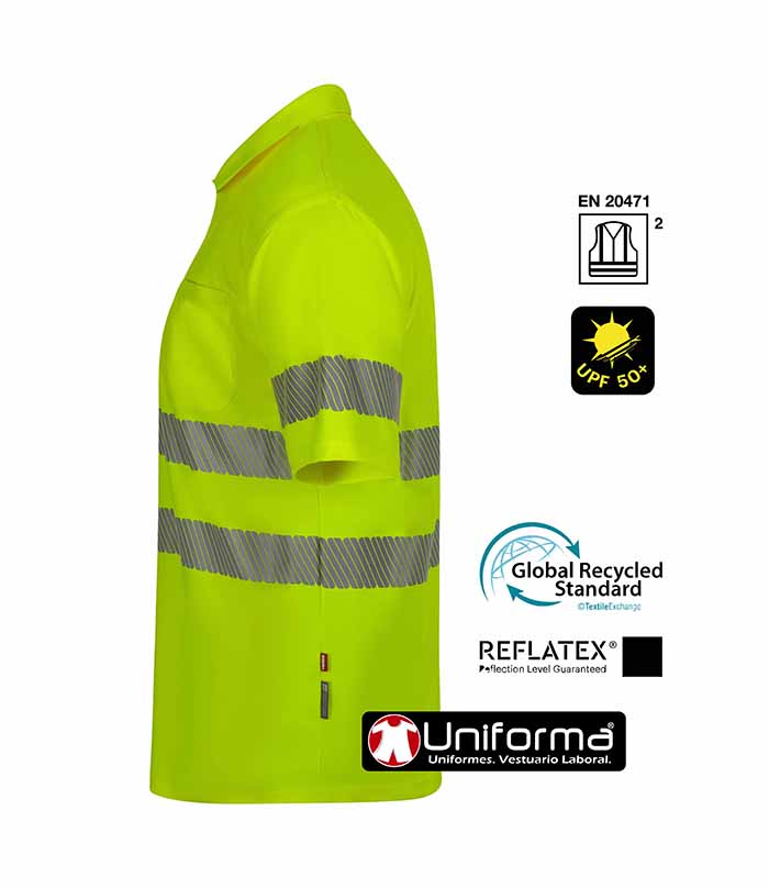 Polo de trabajo amarillo de Alta Visibilidad fabricado con Poliéster Reciclado procedente de botellas de plástico, con cintas reflectantes segmentadas, personalizable con logo de empresa en Uniforma - V305532