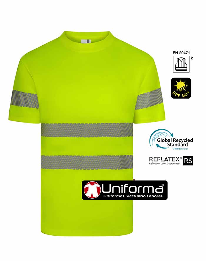 Camiseta de trabajo amarilla de Alta Visibilidad fabricada con Poliéster Reciclado procedente de botellas de plástico con bandas reflectantes del tipo segmentadas discontinuas, personalizables con logo de empresa en Uniforma - V305632
