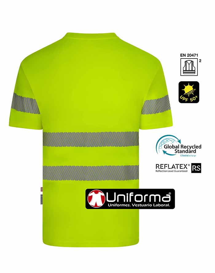 Camiseta de trabajo amarilla de Alta Visibilidad fabricada con Poliéster Reciclado procedente de botellas de plástico con bandas reflectantes del tipo segmentadas discontinuas, personalizables con logo de empresa en Uniforma - V305632
