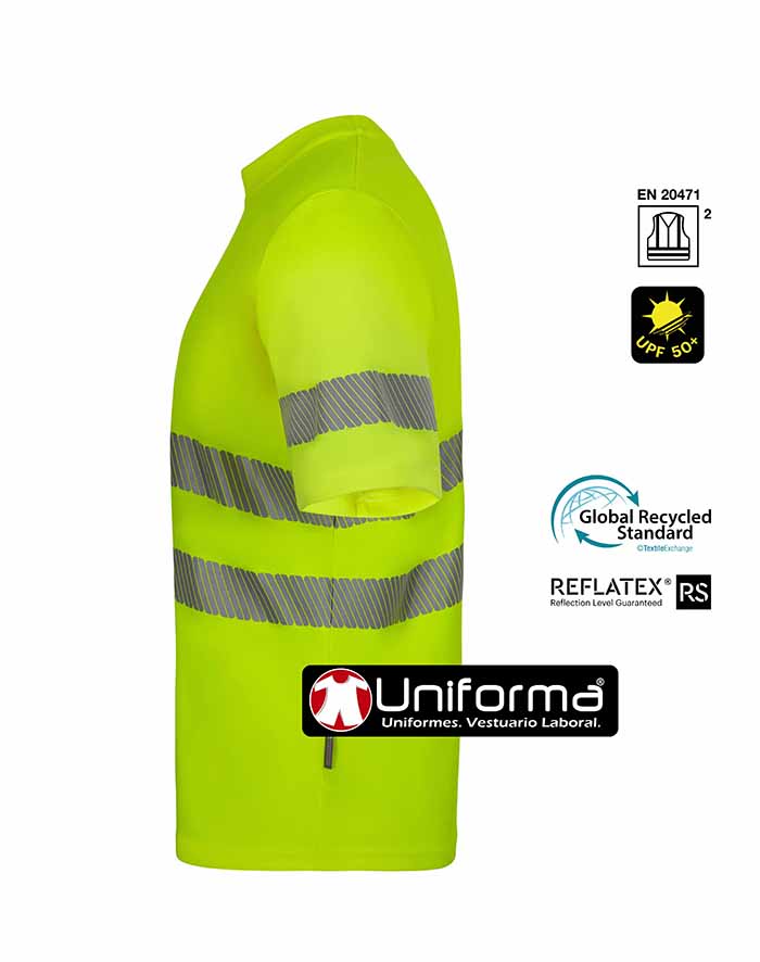 Camiseta de trabajo amarilla de Alta Visibilidad fabricada con Poliéster Reciclado procedente de botellas de plástico con bandas reflectantes del tipo segmentadas discontinuas, personalizables con logo de empresa en Uniforma - V305632
