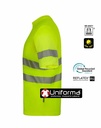 Camiseta de trabajo amarilla de Alta Visibilidad fabricada con Poliéster Reciclado procedente de botellas de plástico con bandas reflectantes del tipo segmentadas discontinuas, personalizables con logo de empresa en Uniforma - V305632