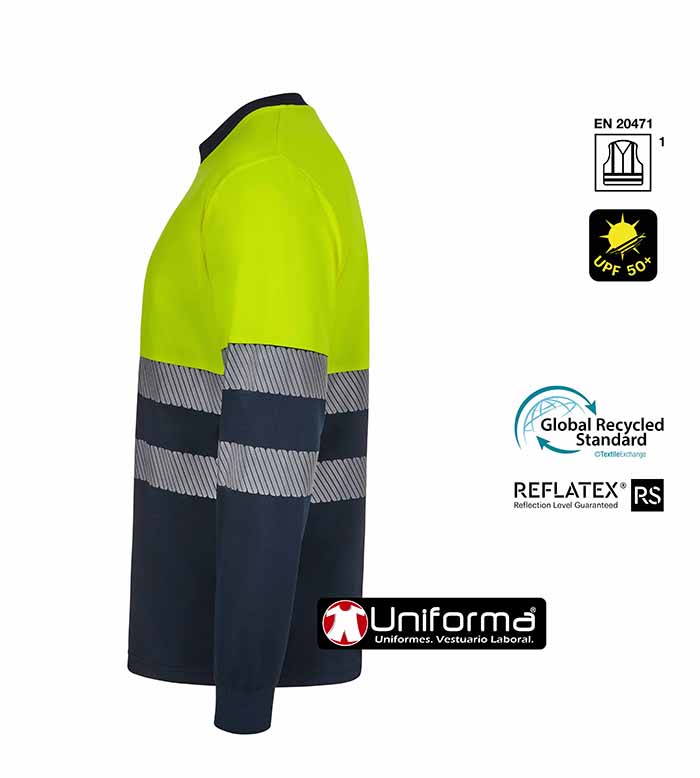 Camiseta de trabajo Marino y amarillo reflectante de alta visibilidad fabricada con poliéster reciclado procedente de botellas de plástico, con bandas reflectantes segmentadas, personalizables con logo de empresa en Uniforma