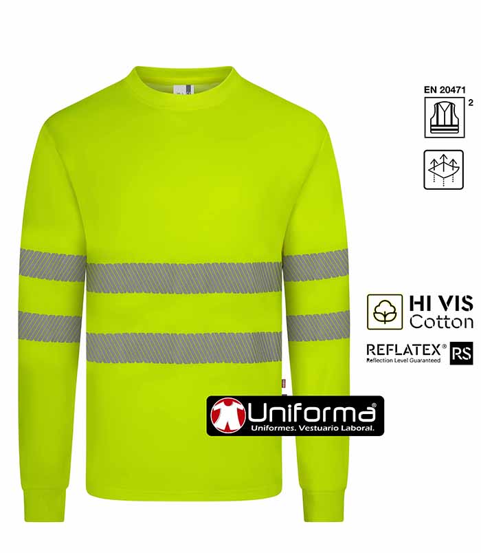 Camiseta de trabajo Naranja de Alta Visibilidad reflectante de Manga Larga con Algodón por dentro, en contacto con el cuerpo, gracias al tejido His Vis Cotton, personalizable con logo de empresa en Uniforma - V305618