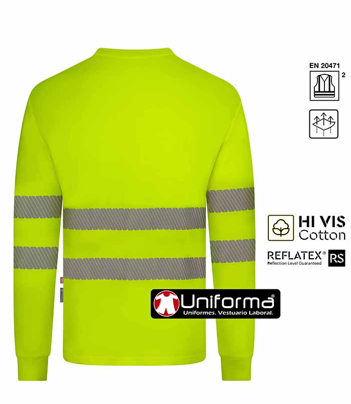 Camiseta de trabajo Naranja de Alta Visibilidad reflectante de Manga Larga con Algodón por dentro, en contacto con el cuerpo, gracias al tejido His Vis Cotton, personalizable con logo de empresa en Uniforma - V305618