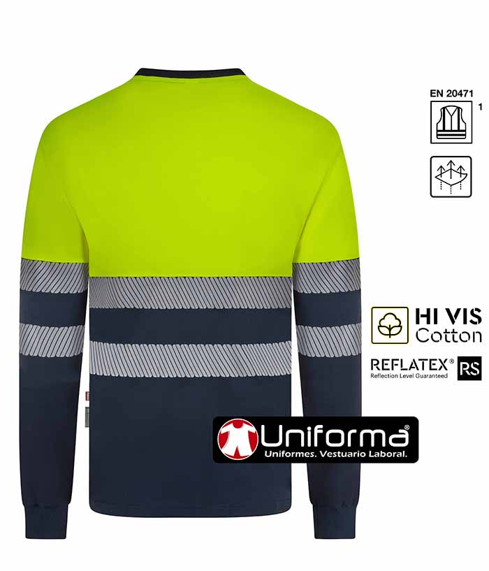Camiseta de trabajo reflectante de Alta Visibilidad Bicolor de Manga Larga con algodón por dentro, y poliéster por fuera, de diseño bicolor, puños elásticos, personalizable con logo de empresa en Uniforma  - V305619
