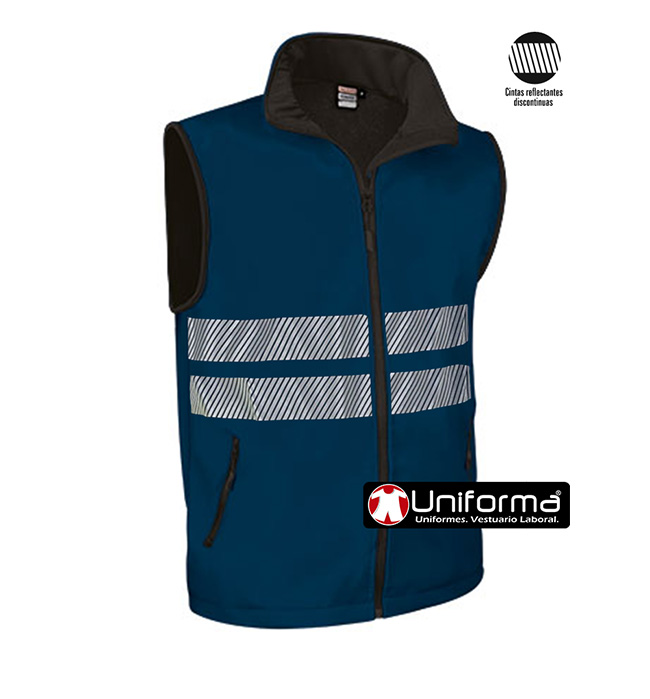 Chaleco de trabajo corta vientos tipo softshell con bandas reflectantes y de alta visibilidad del tipo segmentadas, personalizable con logo de empresa en Uniforma