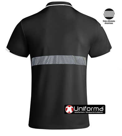 Polo negro de vigilante de seguridad, de manga corta, con banda o cinta reflectante segmentada discontinua en pecho y espalda, personalizado con logo de empresa en Uniforma  - LY0402AV