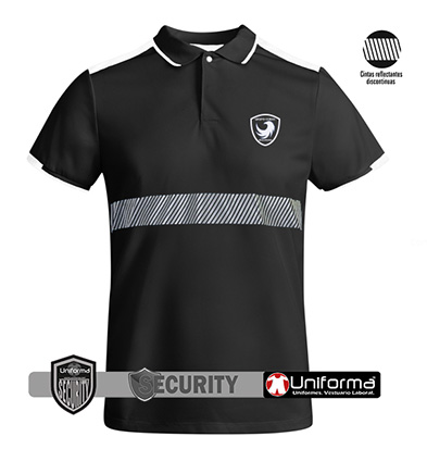 Polo negro de vigilante de seguridad, de manga corta, con banda o cinta reflectante segmentada discontinua en pecho y espalda, personalizado con logo de empresa en Uniforma  - LY0402AV