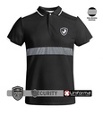 Polo negro de vigilante de seguridad, de manga corta, con banda o cinta reflectante segmentada discontinua en pecho y espalda, personalizado con logo de empresa en Uniforma  - LY0402AV