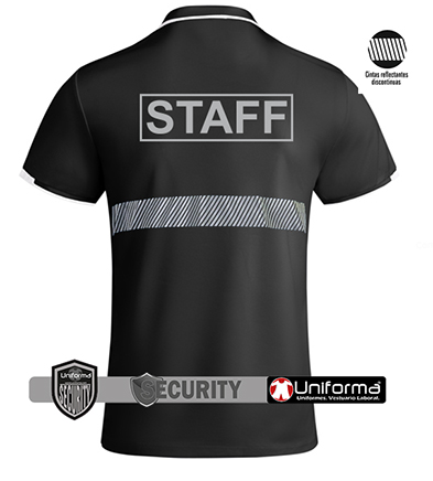 Polo negro de vigilante de seguridad, de manga corta, con banda o cinta reflectante segmentada discontinua en pecho y espalda, personalizado con logo de empresa en Uniforma  - LY0402AV