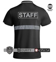 Polo negro de vigilante de seguridad, de manga corta, con banda o cinta reflectante segmentada discontinua en pecho y espalda, personalizado con logo de empresa en Uniforma  - LY0402AV