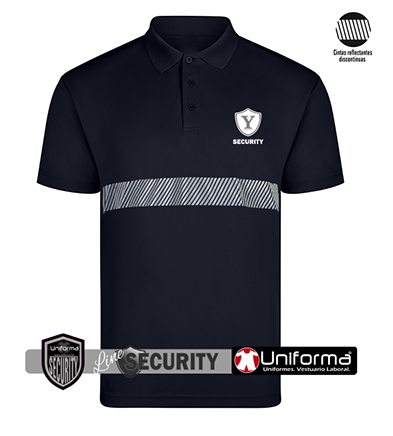 Polo de trabajo para uniforme de vigilante de seguridad de color azul marino con una banda reflectante segmentada discontinua, en tejido ligero y fresco, disponible en tallas grandes, personalizable con logo de empresa en Uniforma - VPS160UAV