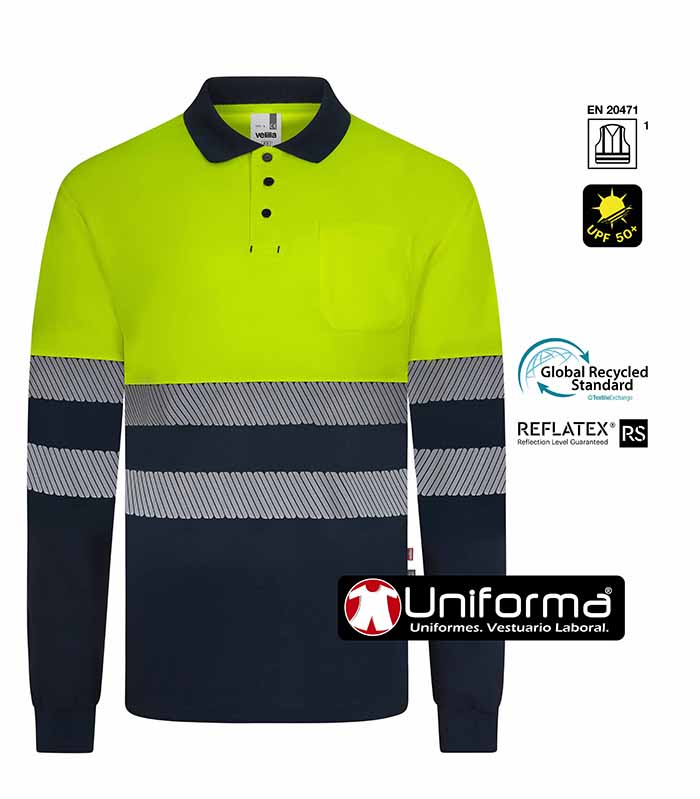 Polo Bicolor Alta Visibilidad Poliéster Reciclado de Manga Larga - V305535