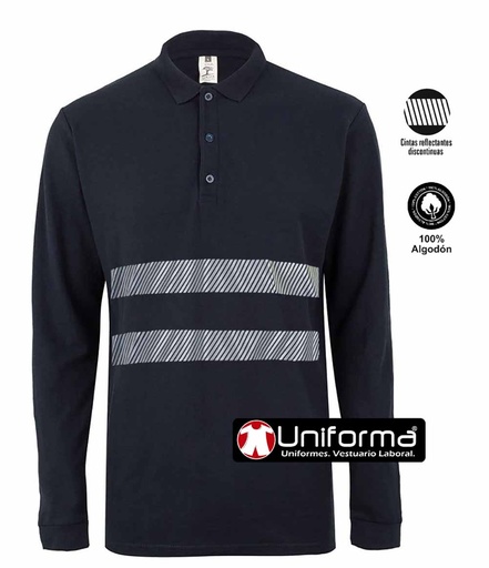 [UN320] Polo Algodón Manga Larga Bandas Reflectantes - UN320 (Azul Marino, Banda Gris)
